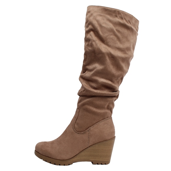 Shoes - Taupe Faux Suede Slouchy Stacked Wedge Knee High